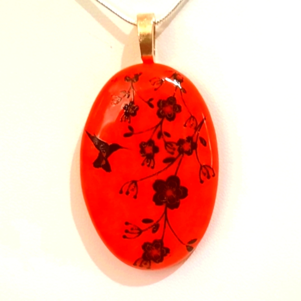 Stained Glass Orange Necklace with Black Hummingbird and Flower Decal